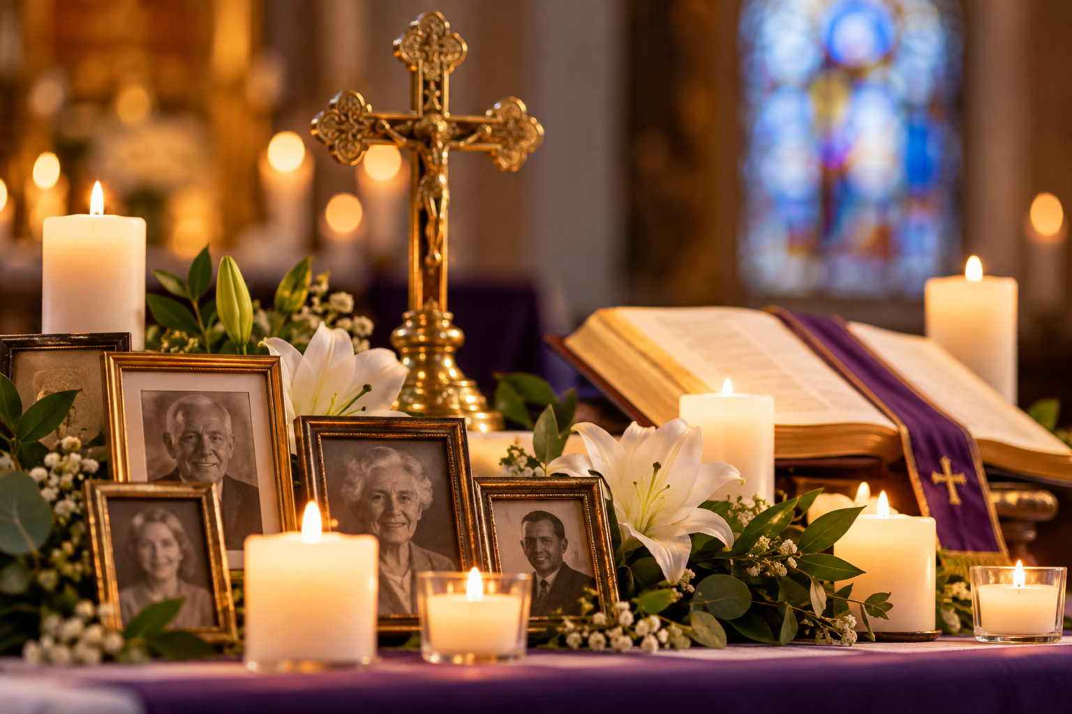 November remembrance altar with candles, flowers and photographs of deceased loved ones